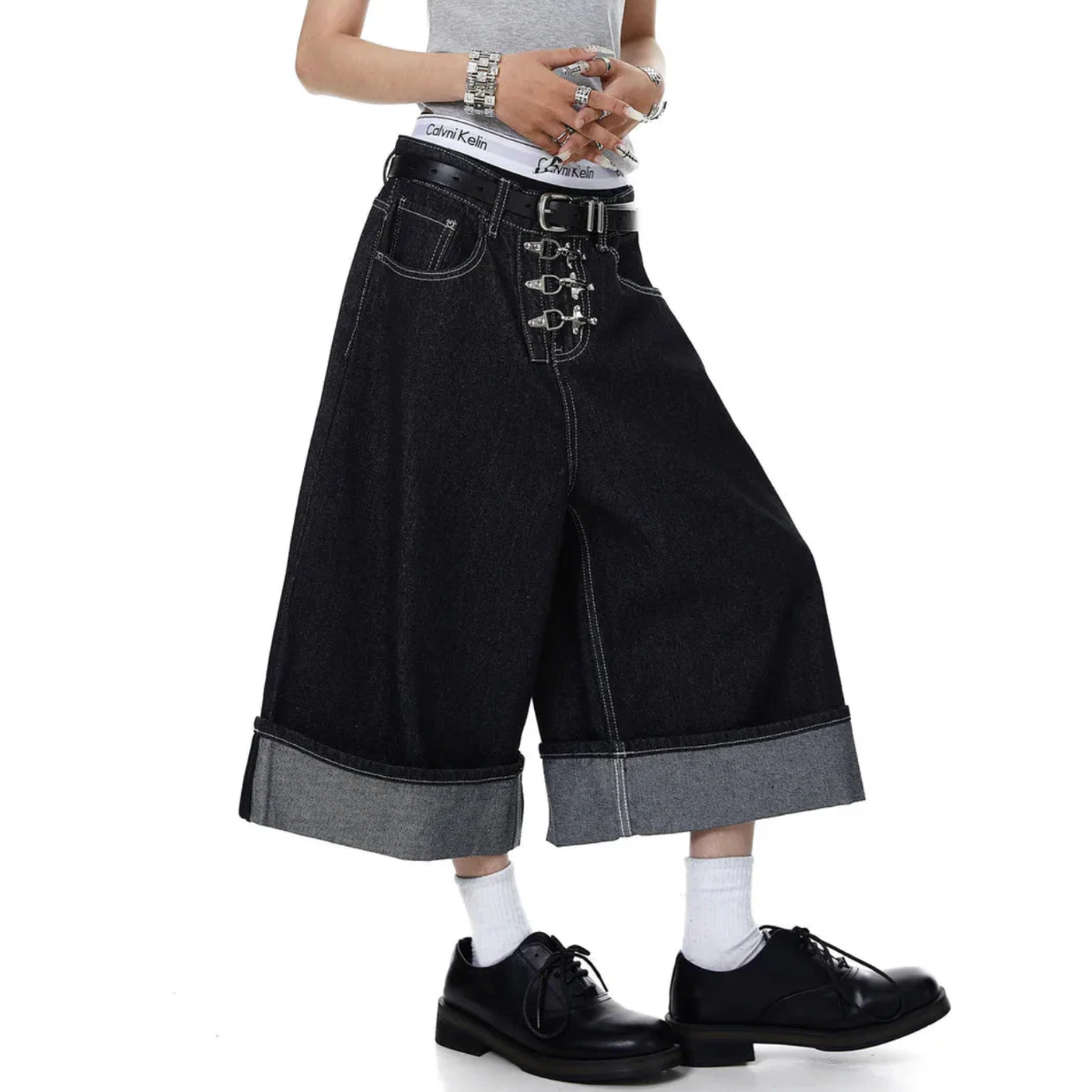 Asymmetric Buckle Wide-Leg Denim Culottes