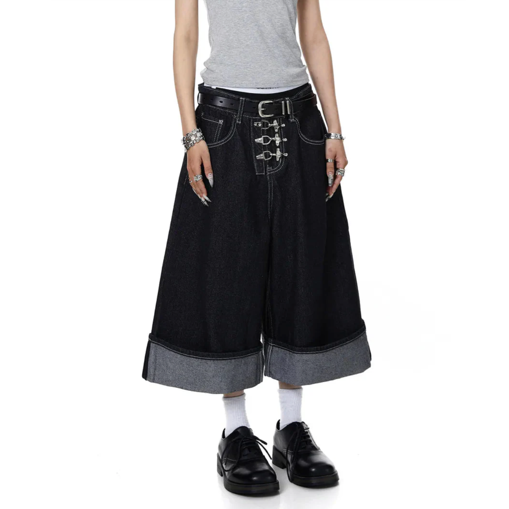 Asymmetric Buckle Wide-Leg Denim Culottes