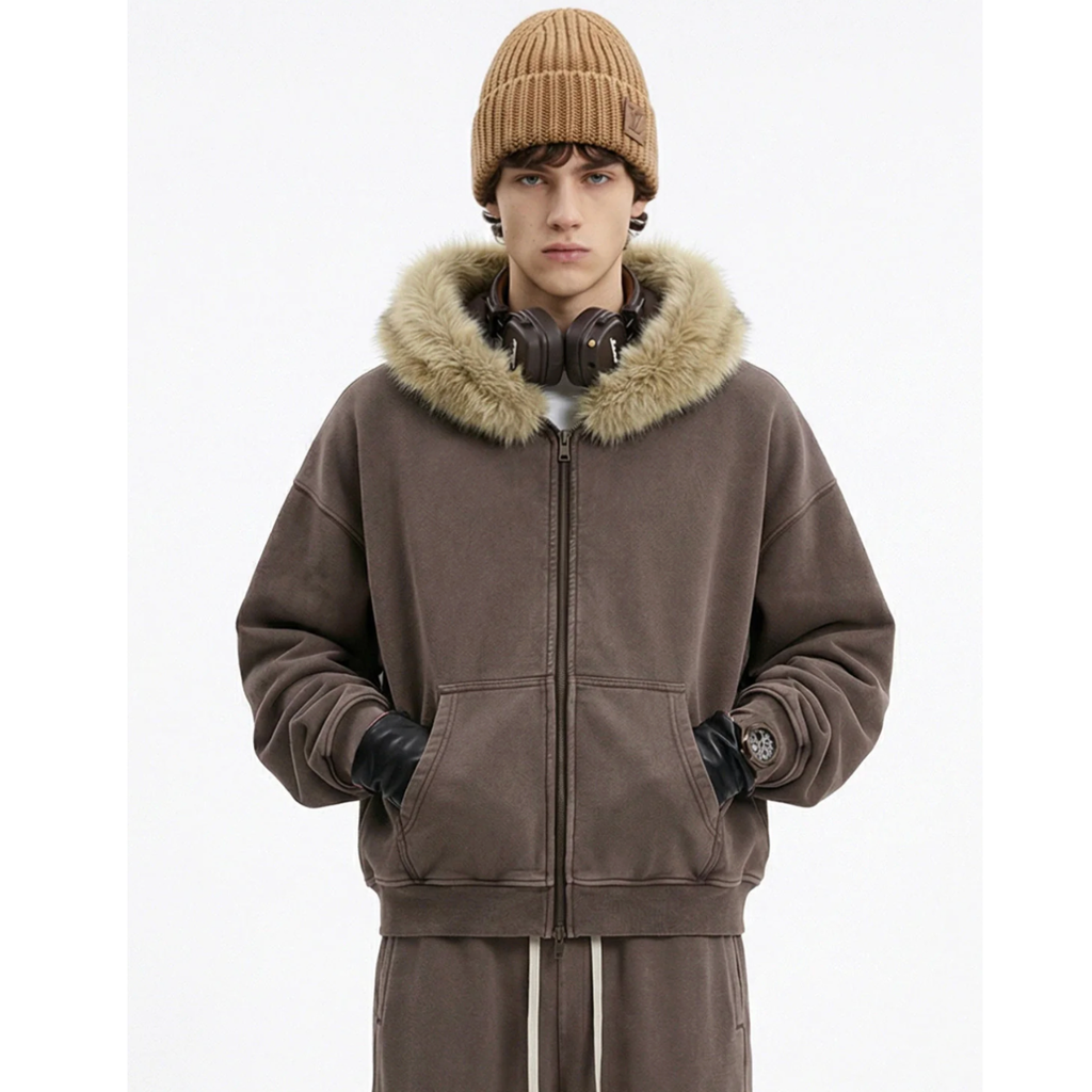 Faux Fur Collar Zip-Up Hoodie