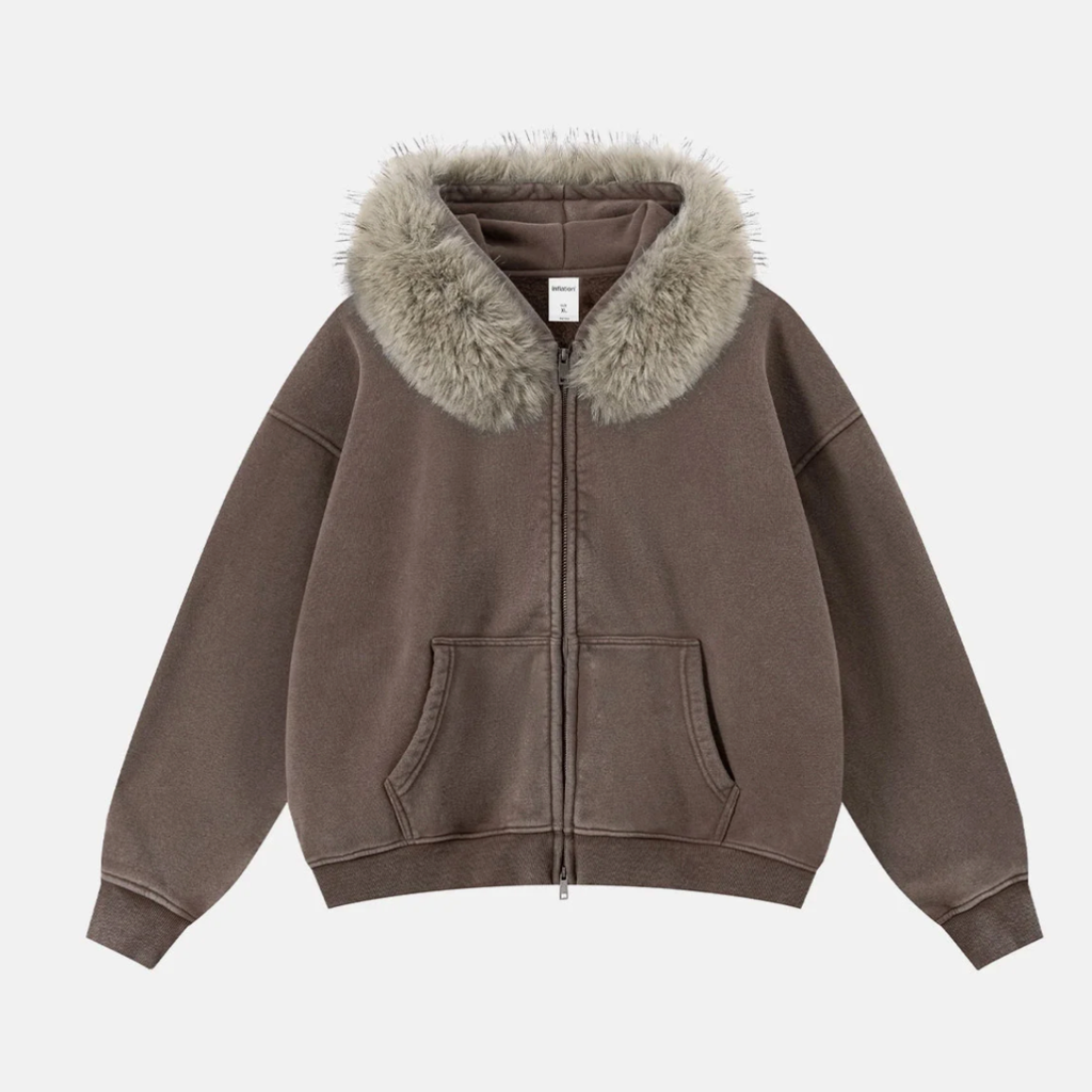 Faux Fur Collar Zip-Up Hoodie
