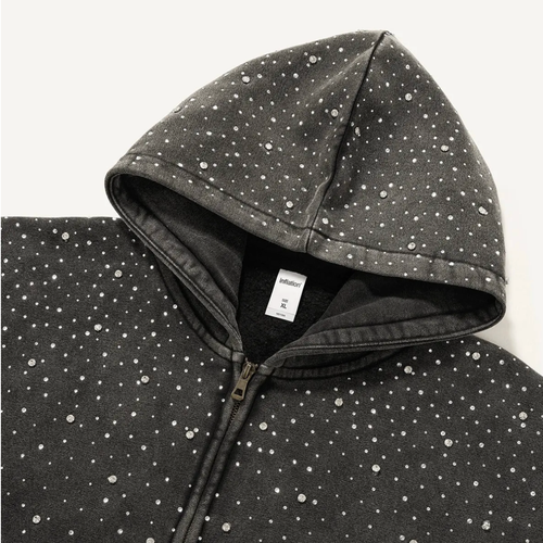 Distressed Rhinestone Zip-Up Hoodie
