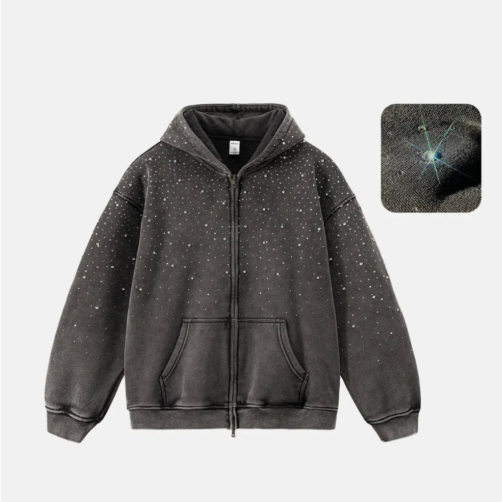 Distressed Rhinestone Zip-Up Hoodie