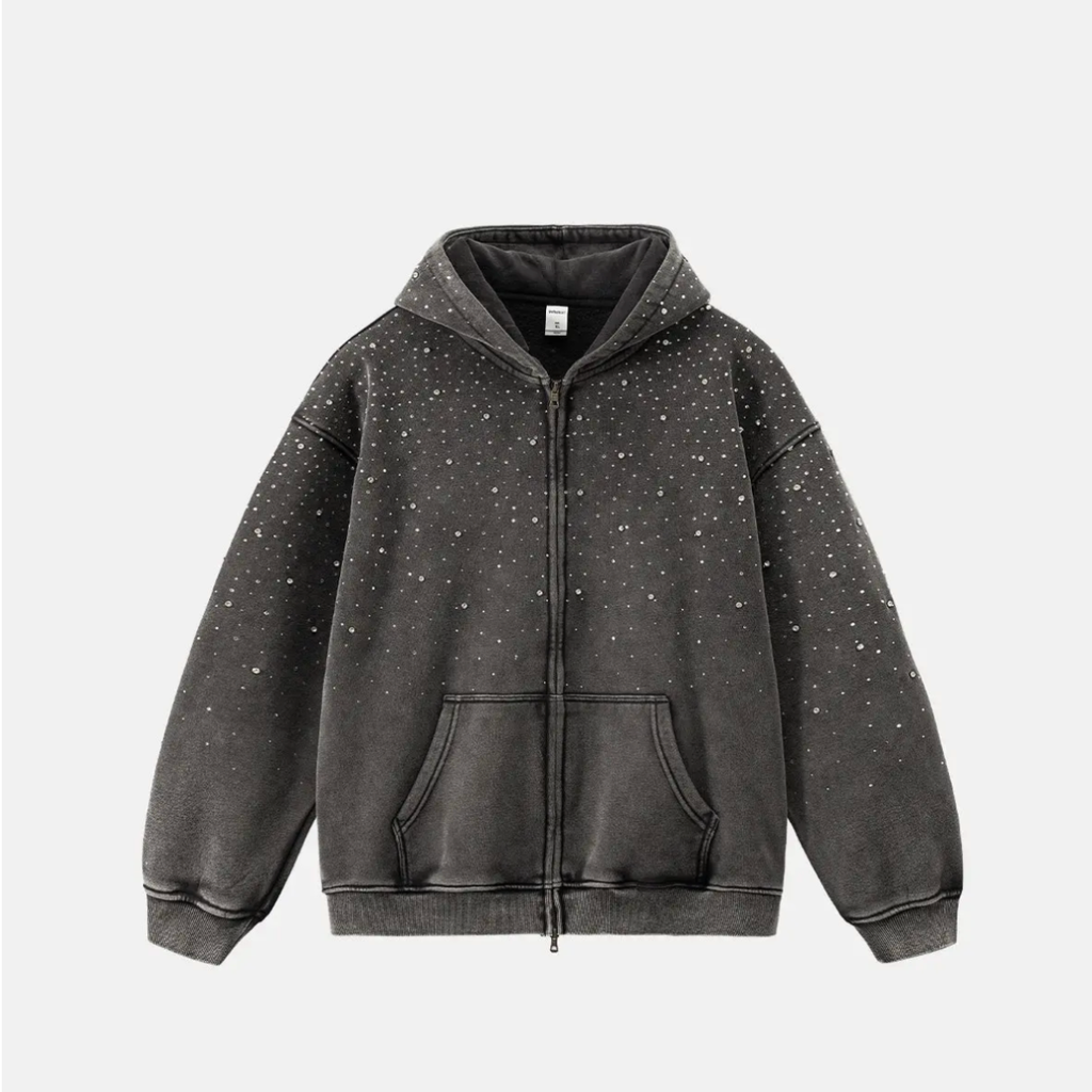 Distressed Rhinestone Zip-Up Hoodie