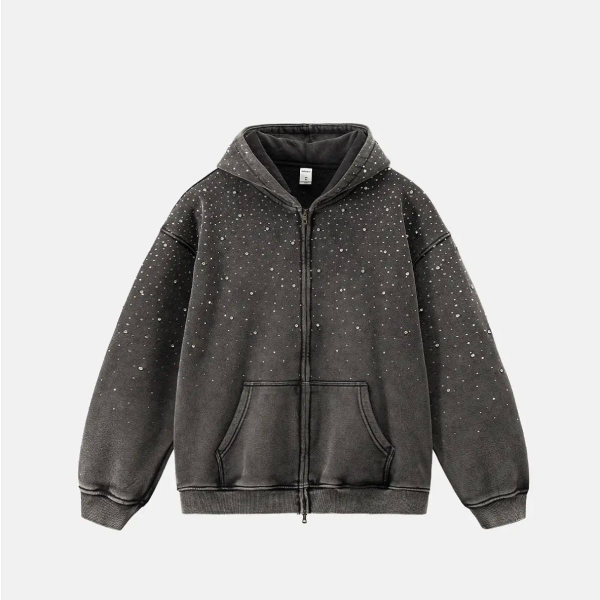 Distressed Rhinestone Zip-Up Hoodie