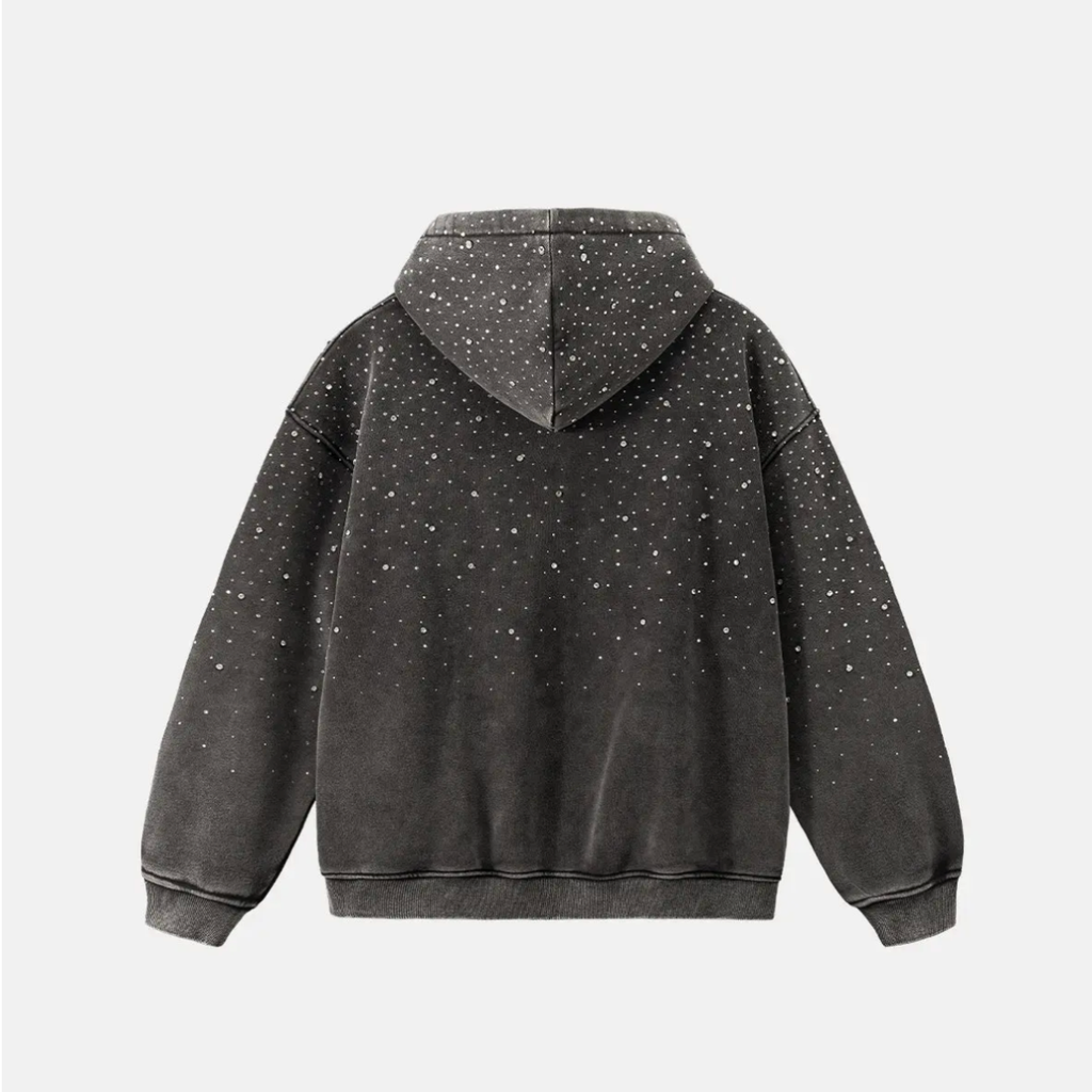 Distressed Rhinestone Zip-Up Hoodie