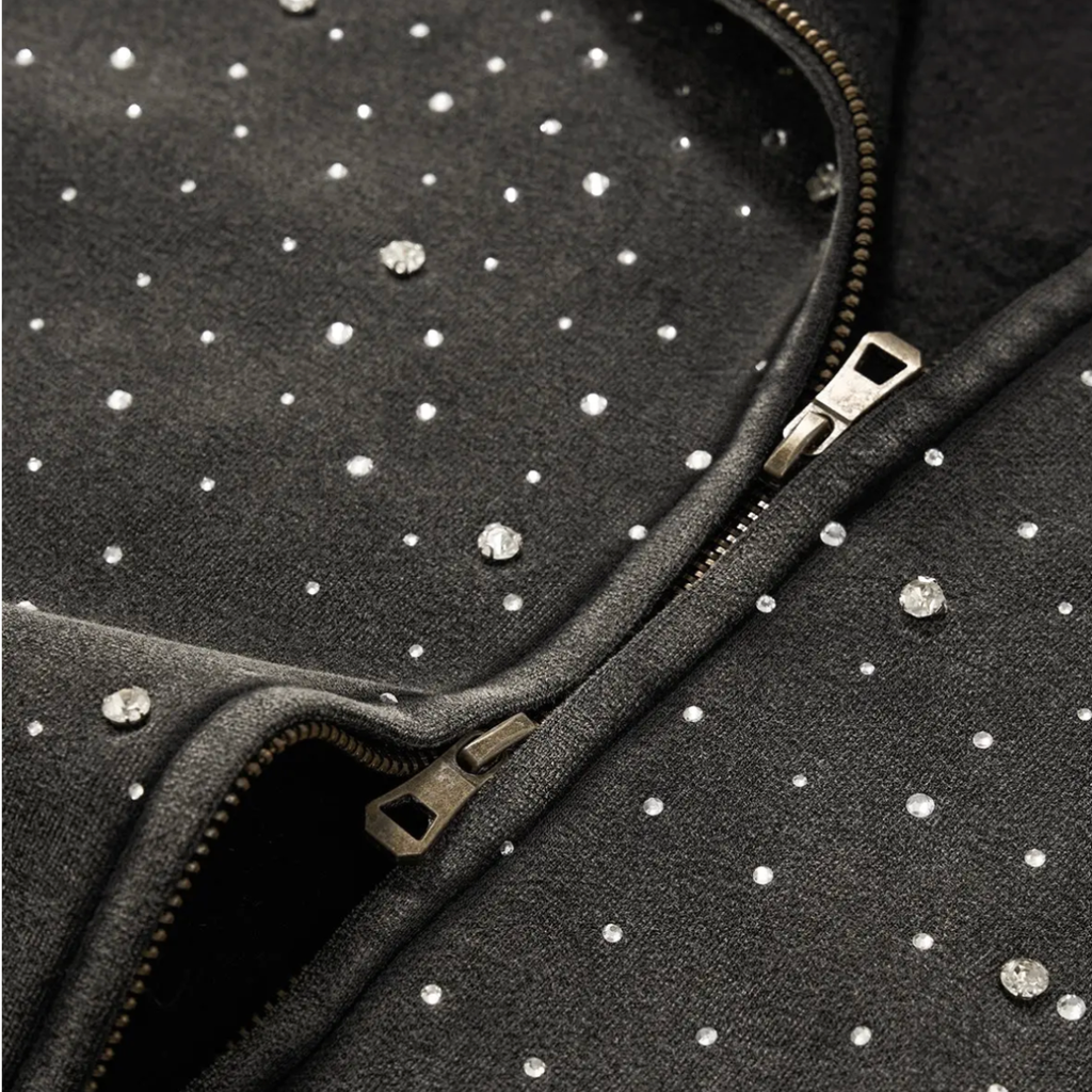 Distressed Rhinestone Zip-Up Hoodie