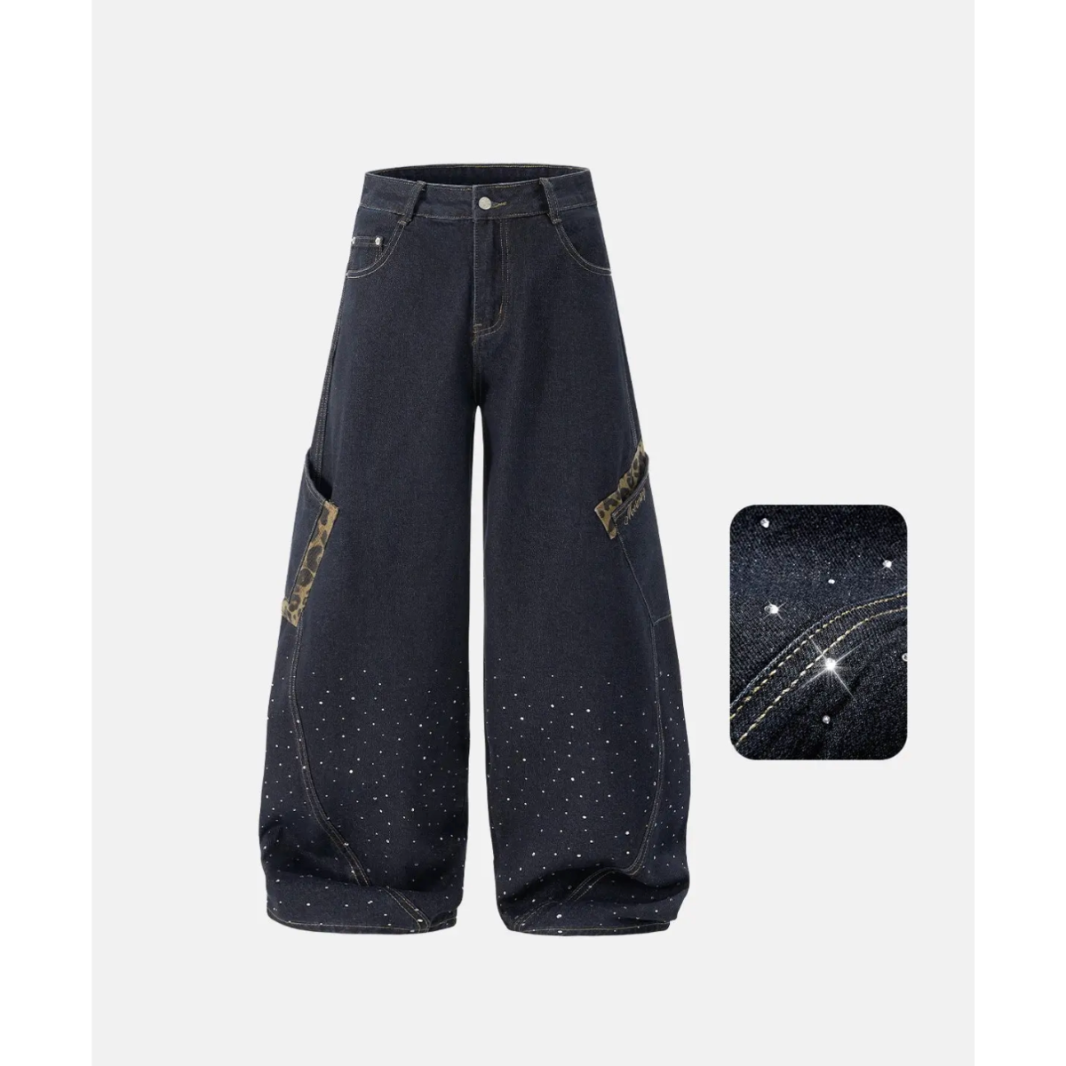 Wide Leg Rhinestone Leopard Pocket Denim Jeans