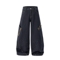Wide Leg Rhinestone Leopard Pocket Denim Jeans