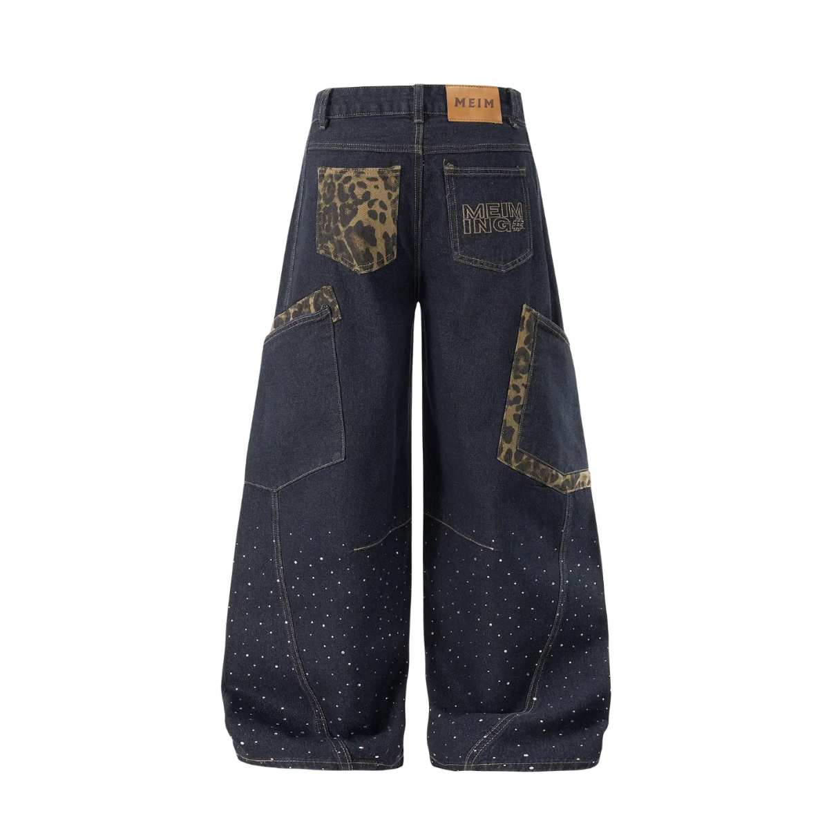 Wide Leg Rhinestone Leopard Pocket Denim Jeans