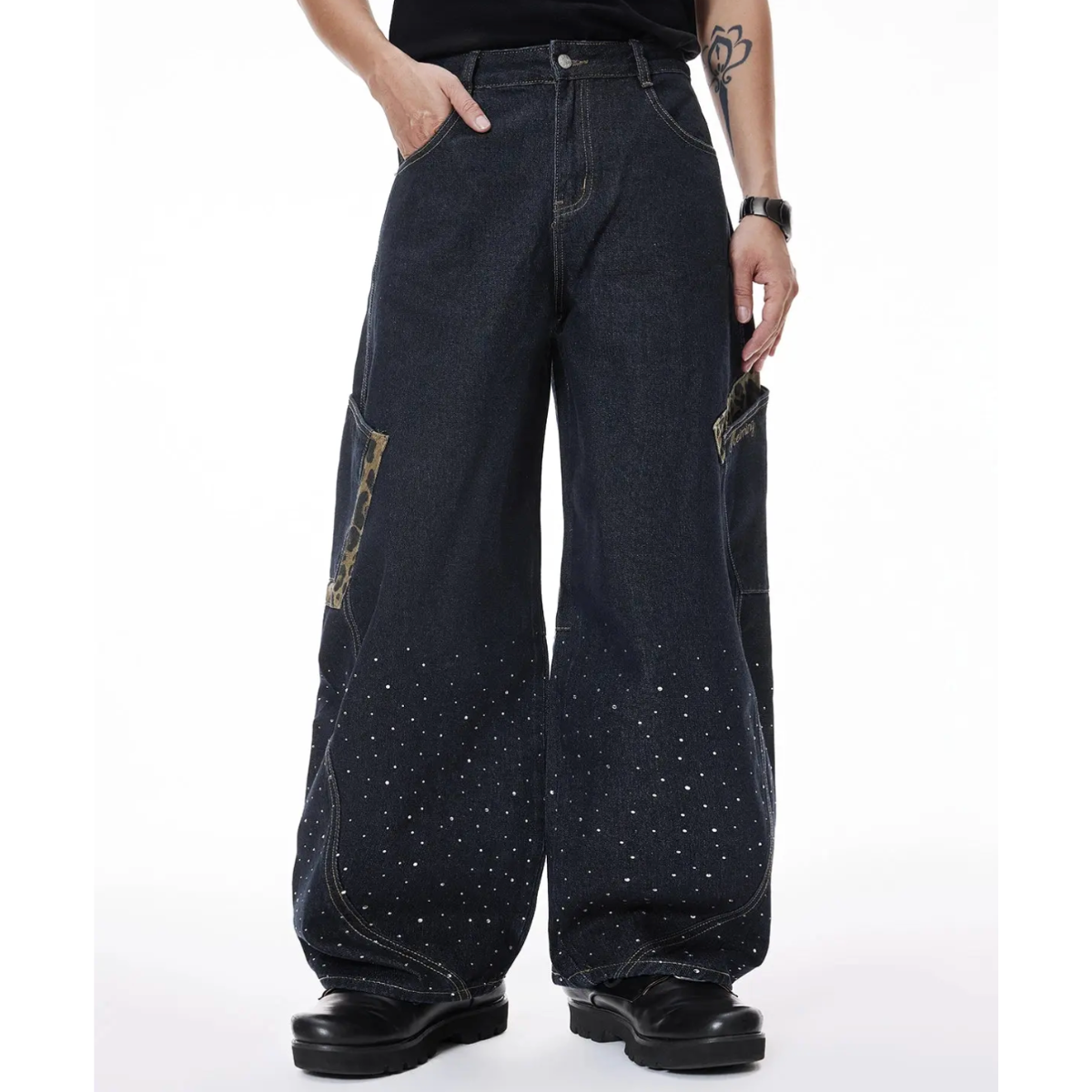 Wide Leg Rhinestone Leopard Pocket Denim Jeans