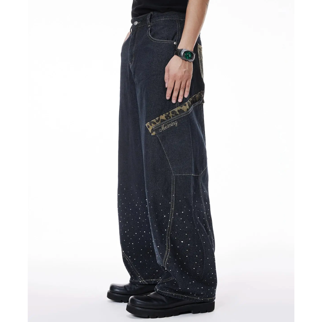 Wide Leg Rhinestone Leopard Pocket Denim Jeans