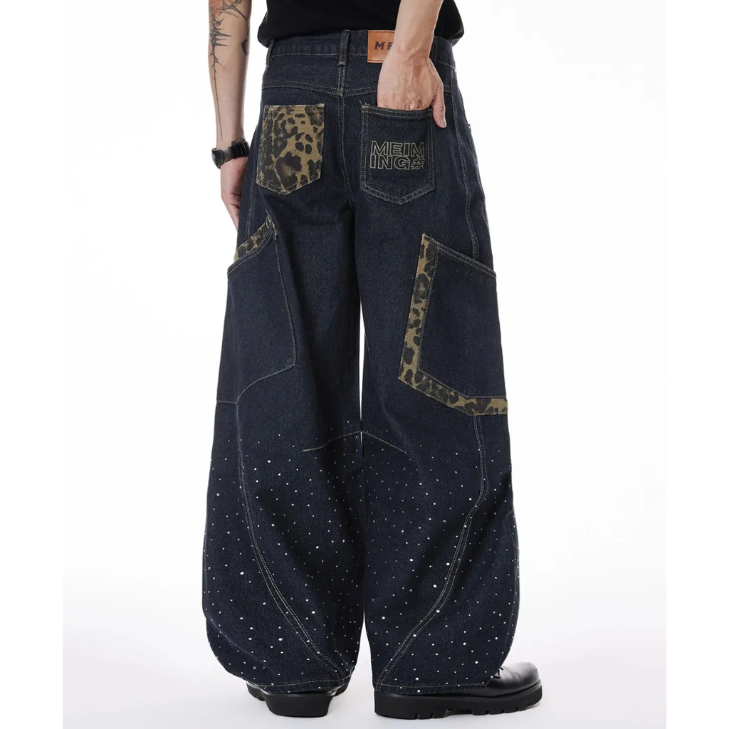 Wide Leg Rhinestone Leopard Pocket Denim Jeans