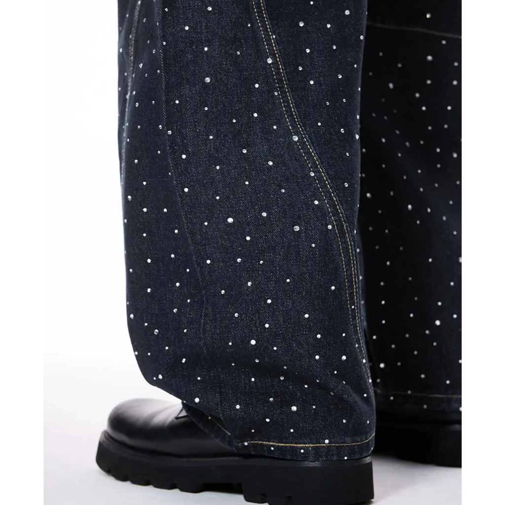 Wide Leg Rhinestone Leopard Pocket Denim Jeans