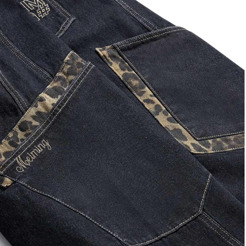 Wide Leg Rhinestone Leopard Pocket Denim Jeans