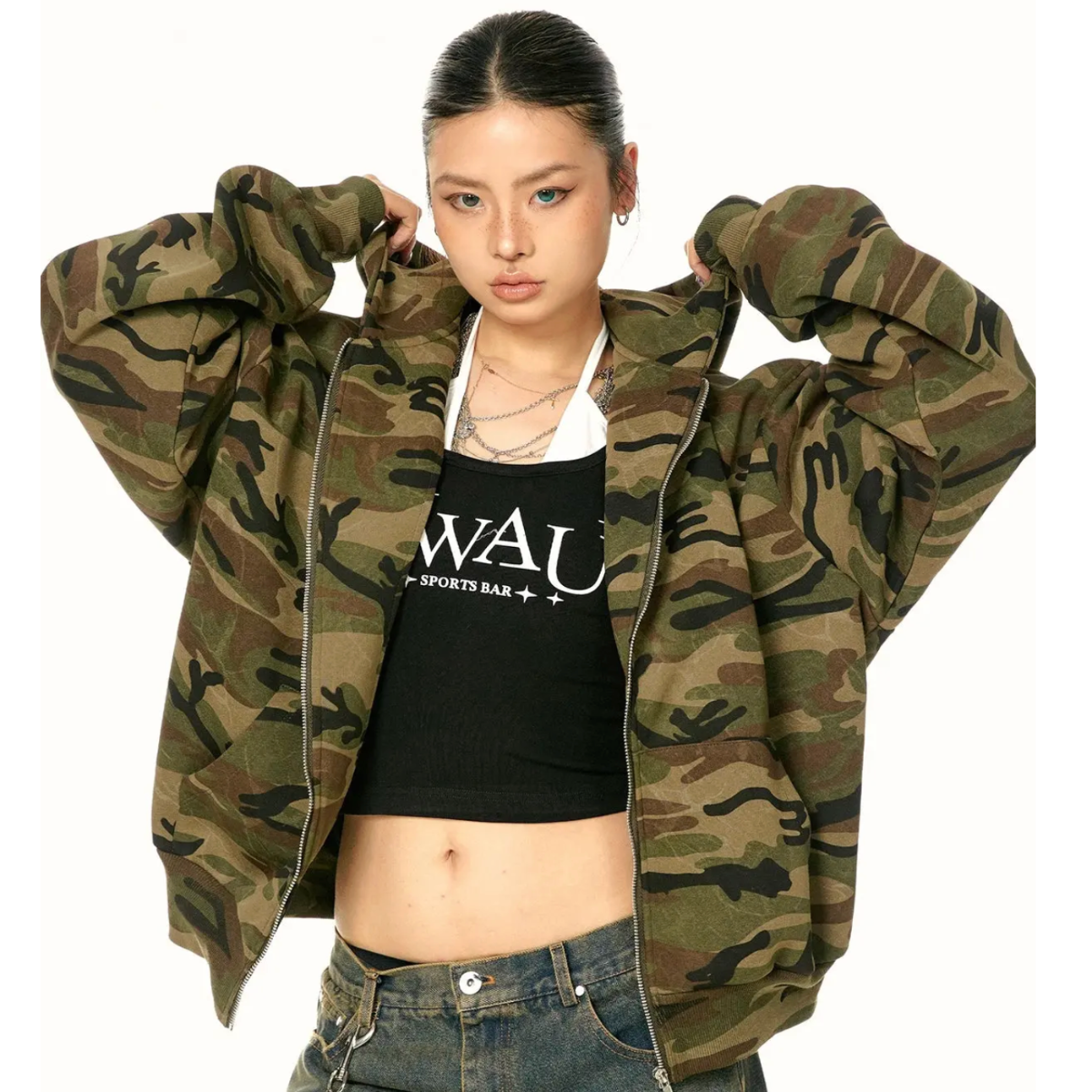 Cropped Camo Zip-Up Hooded Jacket