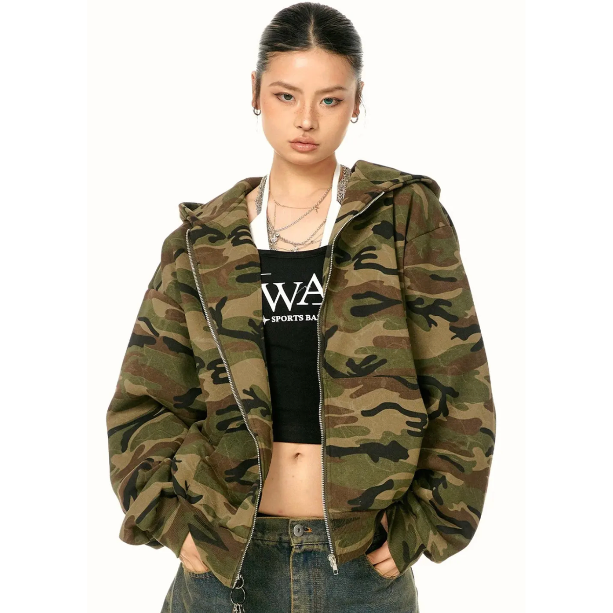 Cropped Camo Zip-Up Hooded Jacket