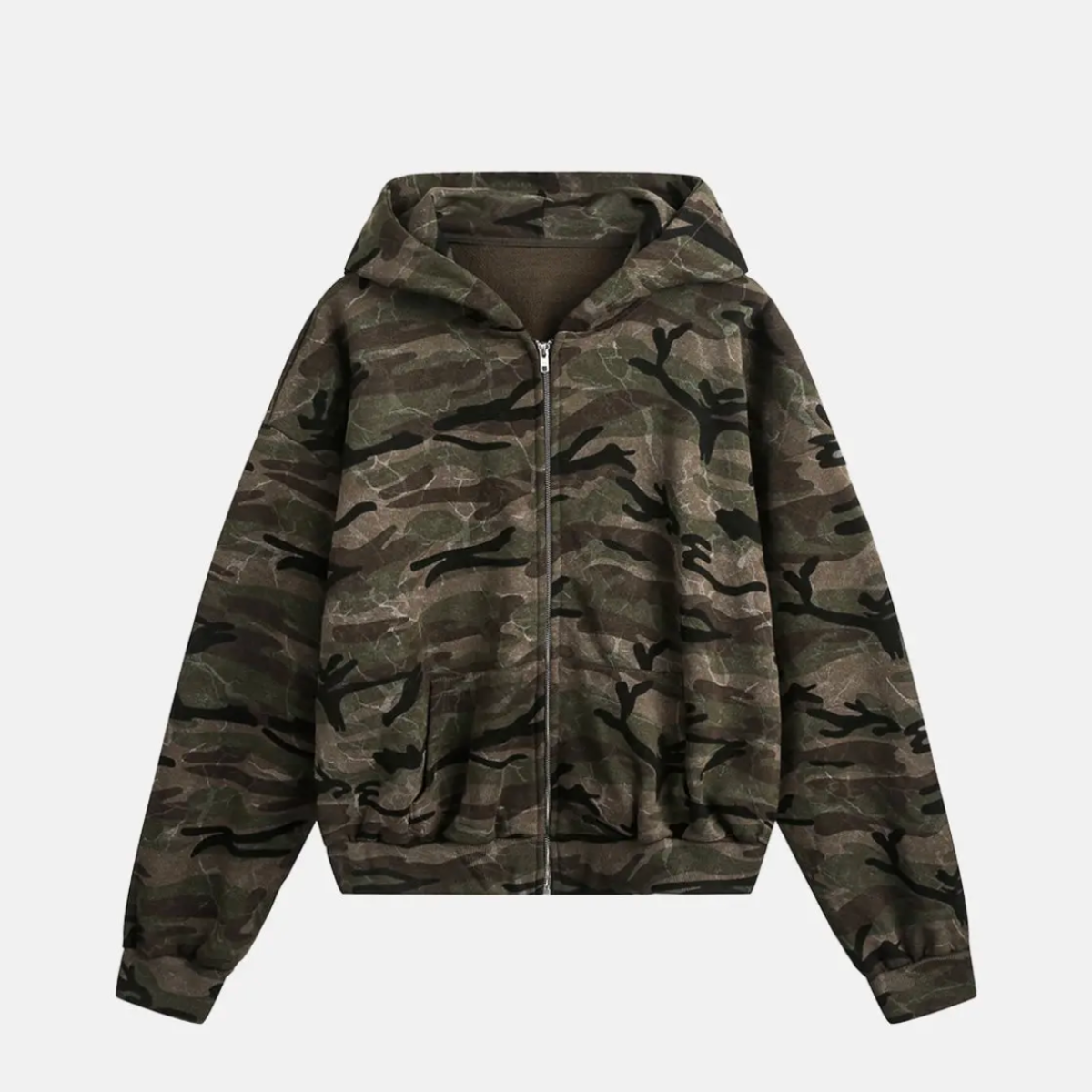 Cropped Camo Zip-Up Hooded Jacket