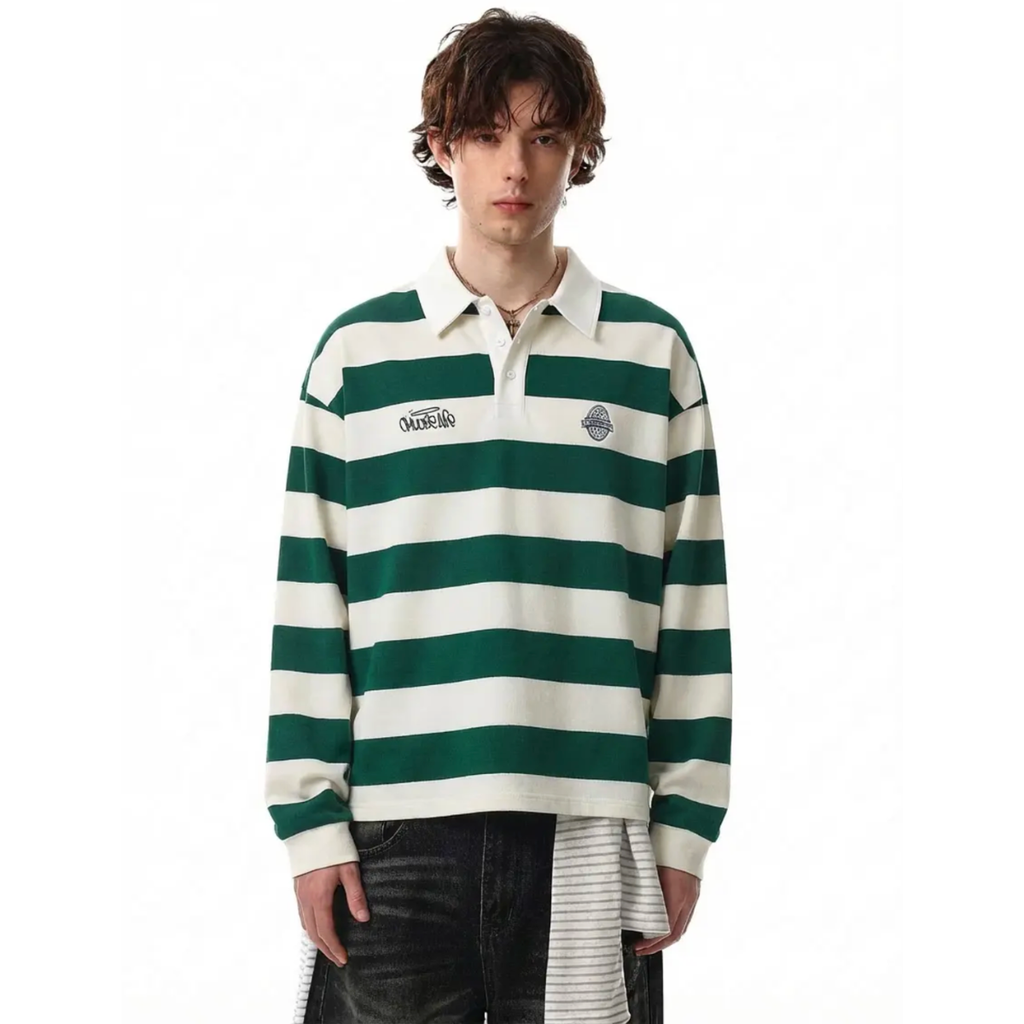 Green Stripe Oversized Rugby Polo Shirt