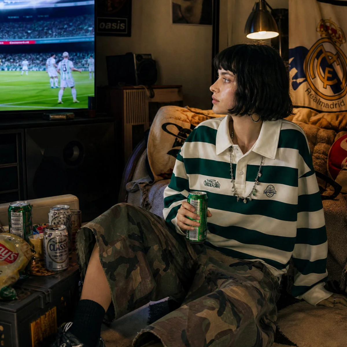Green Stripe Oversized Rugby Polo Shirt