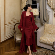 Floor Length Feather Trim Kimono Robe