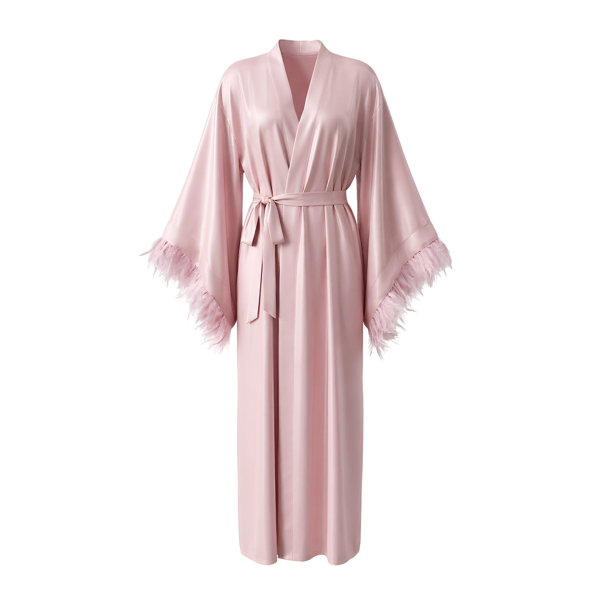 Floor Length Feather Trim Kimono Robe