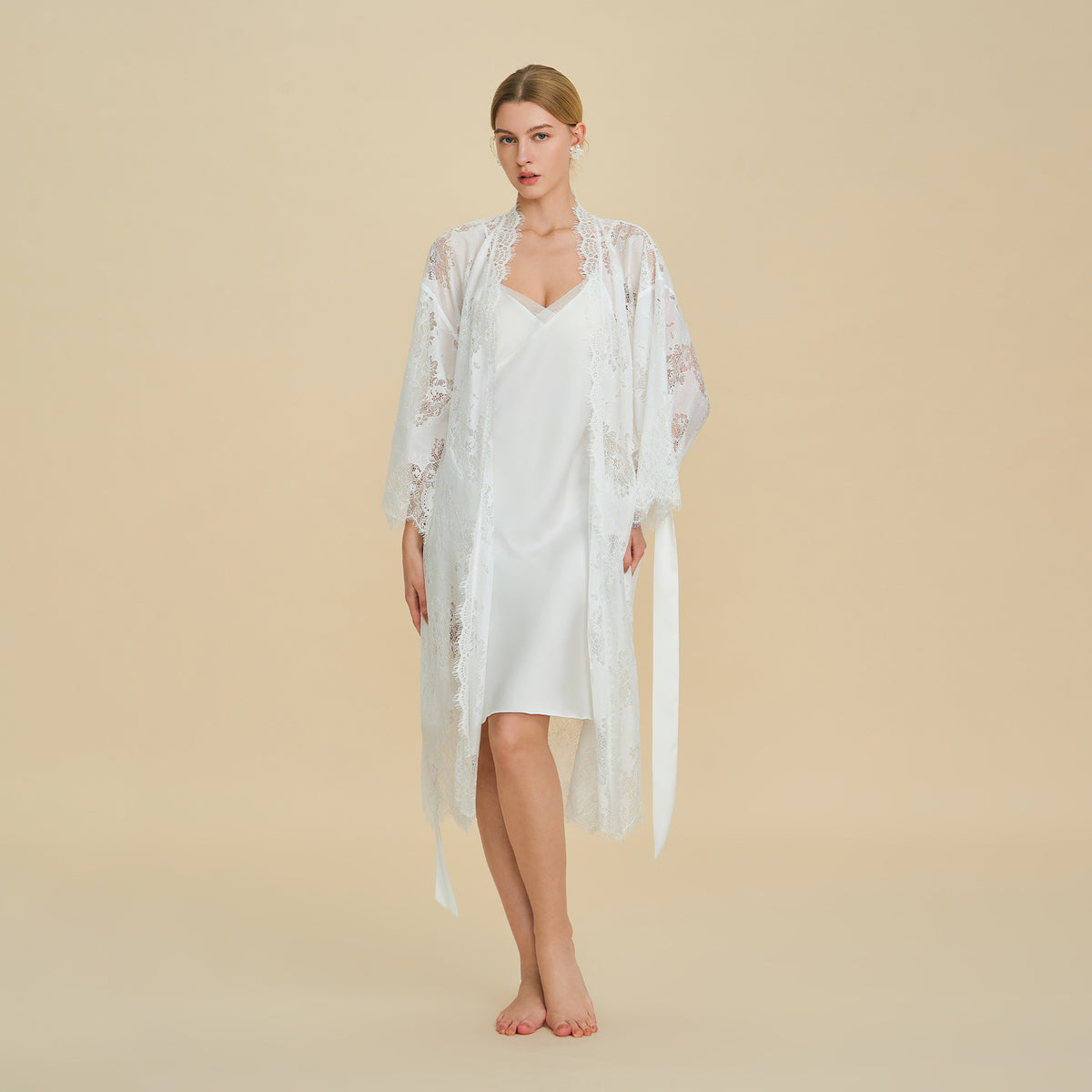 Lace Robe and Satin Slip Nightgown Set
