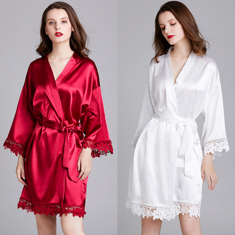 Short Satin Kimono Robe with Lace Trim