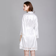 Short Satin Kimono Robe with Lace Trim
