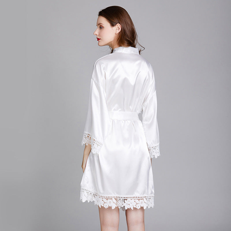 Short Satin Kimono Robe with Lace Trim