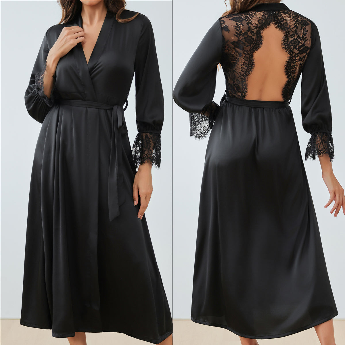 Long Satin Wrap Robe with Lace Bell Sleeves