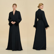 Floor Length Feather Trim Kimono Robe