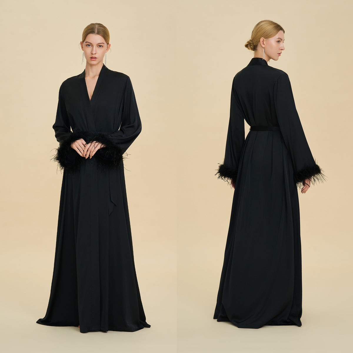 Floor Length Feather Trim Kimono Robe