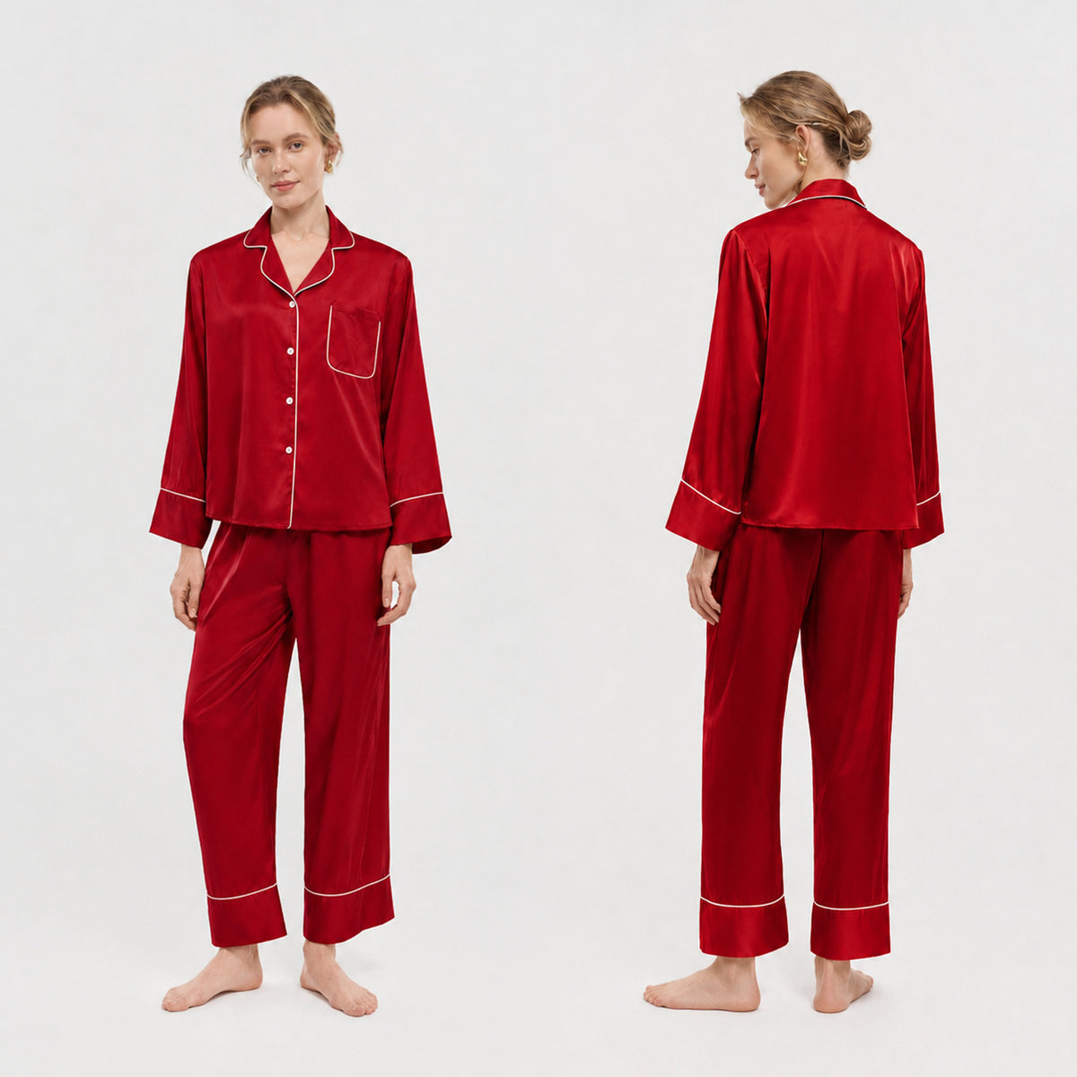 Classic Piped Satin Pajama Set for Women