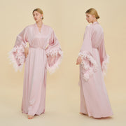 Floor Length Feather Trim Kimono Robe
