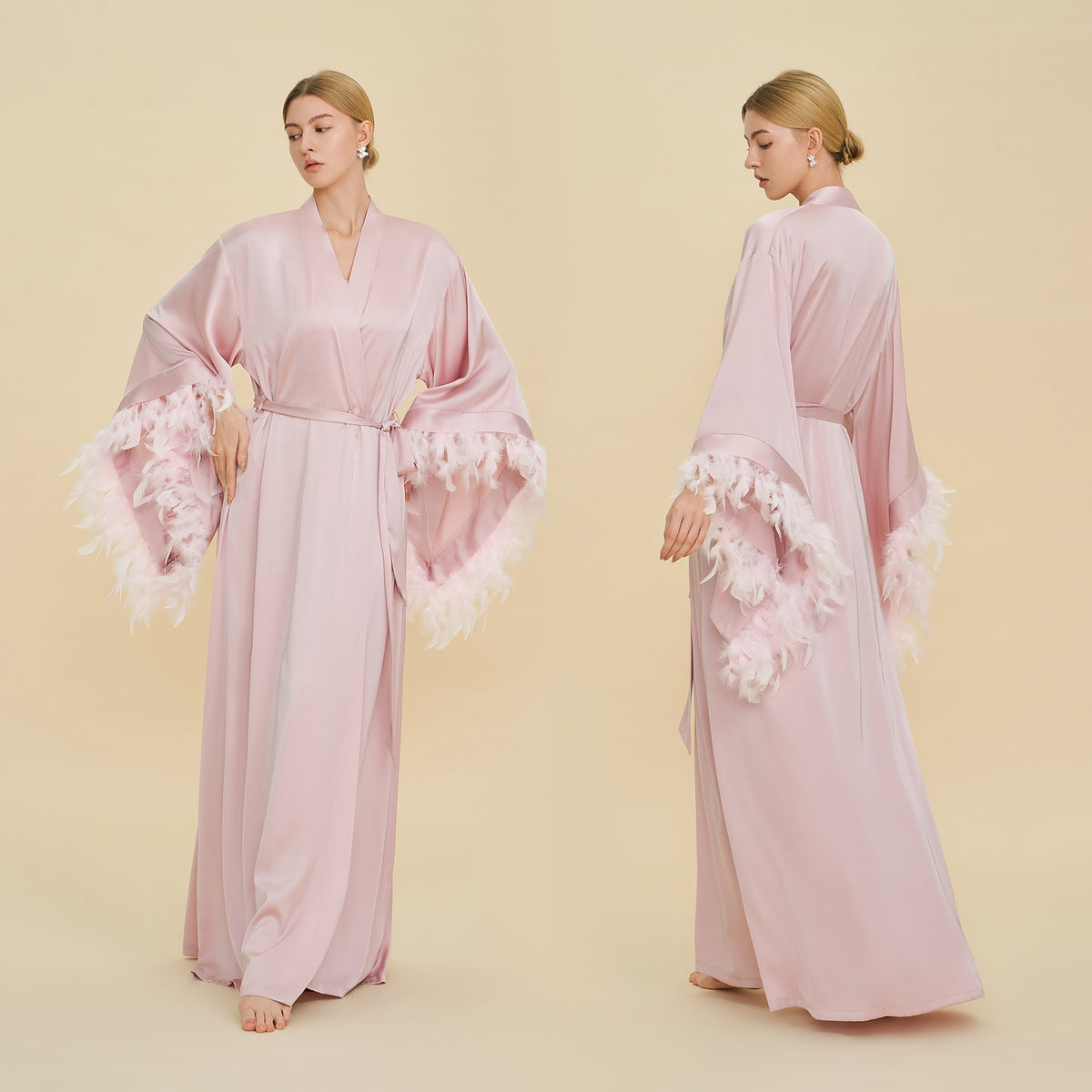 Floor Length Feather Trim Kimono Robe