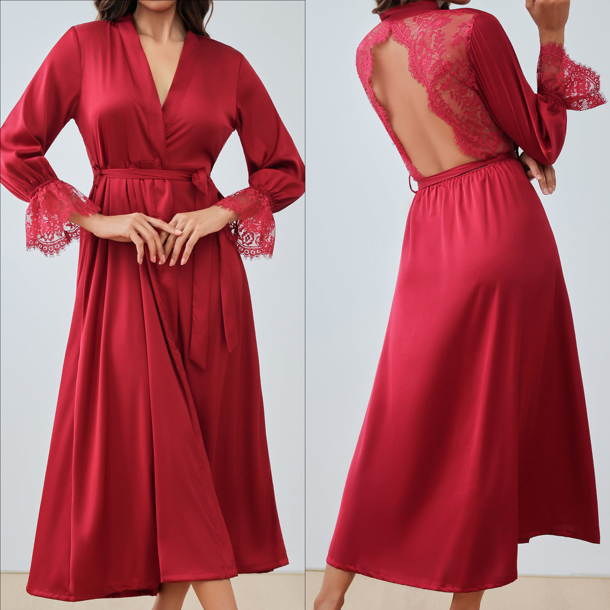 Long Satin Wrap Robe with Lace Bell Sleeves