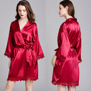 Short Satin Kimono Robe with Lace Trim