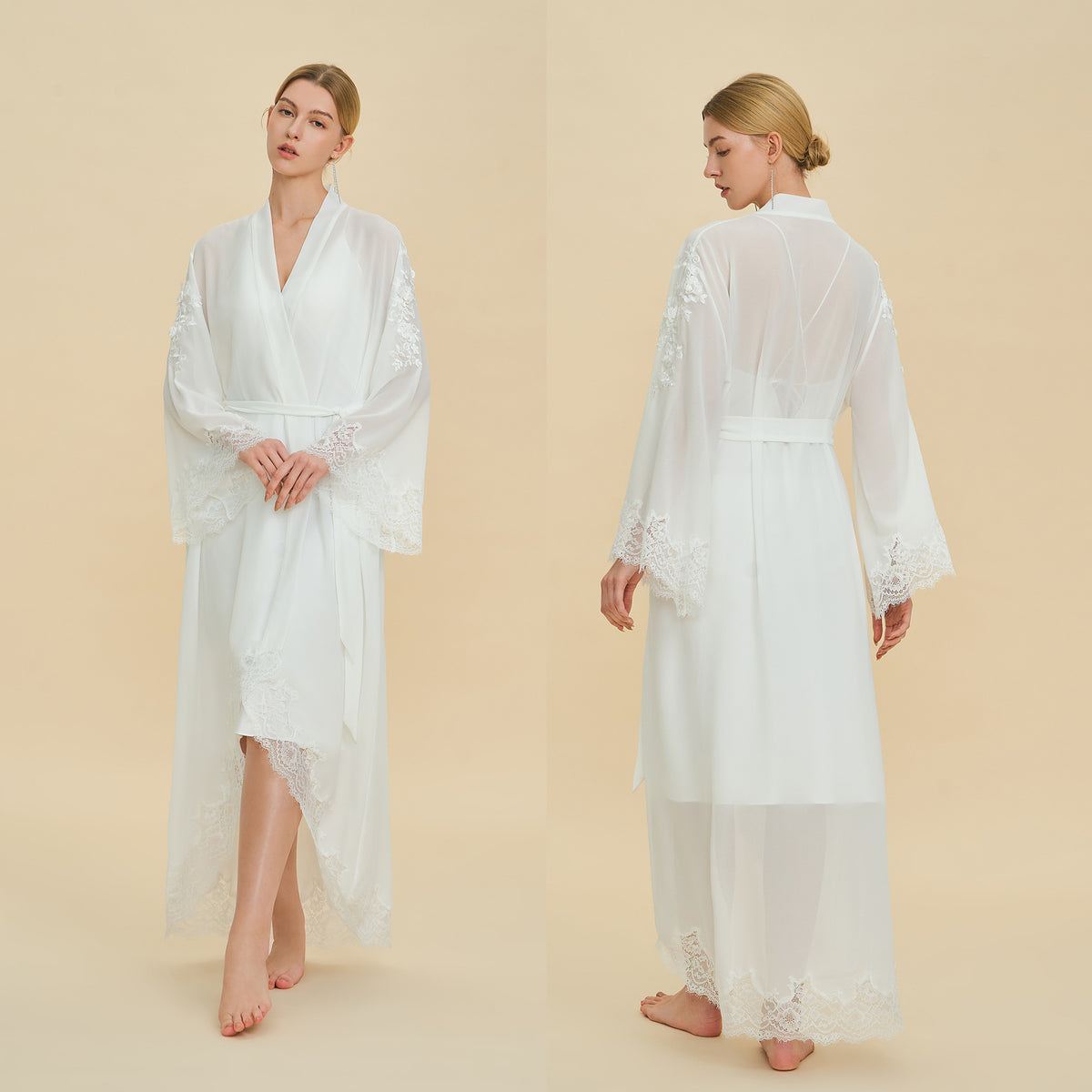 Sheer Chiffon Robe with Floral Lace Hem