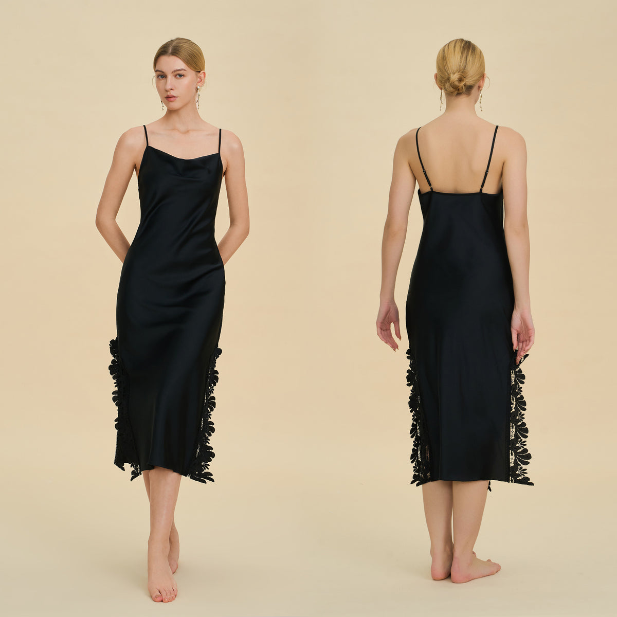 Cowl Neck Midi Slip Dress with Ruffled Slit