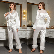 Satin Pajama Set with Lace Ruffle Cuffs