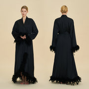 Floor Length Feather Trim Kimono Robe
