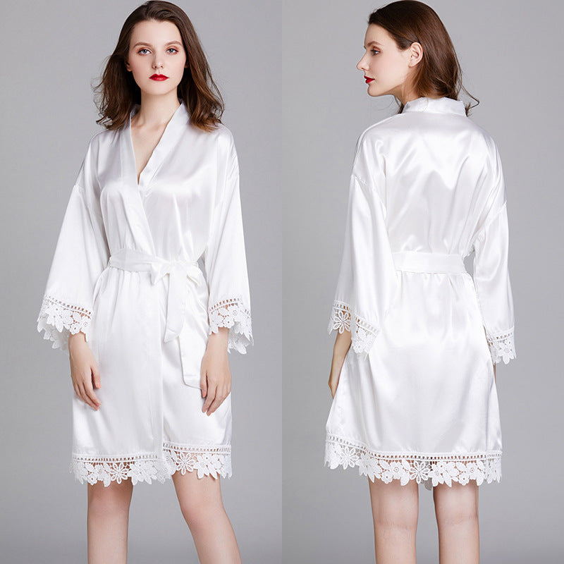 Short Satin Kimono Robe with Lace Trim