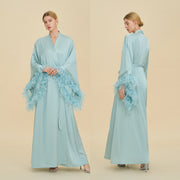 Floor Length Feather Trim Kimono Robe