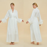 Floor Length Feather Trim Kimono Robe