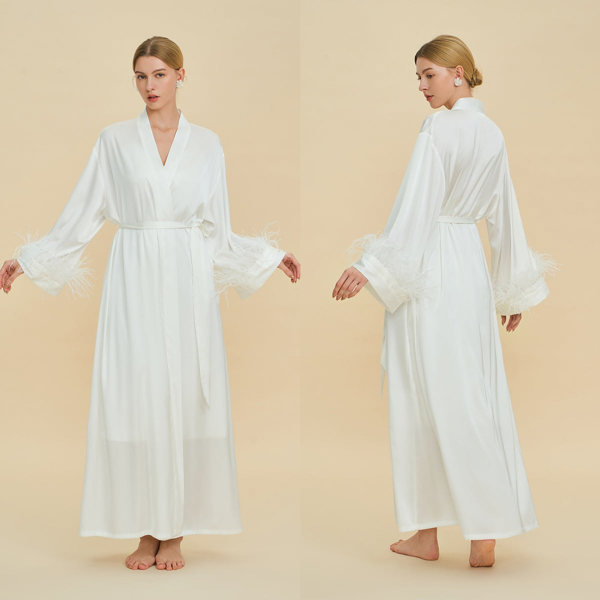 Floor Length Feather Trim Kimono Robe