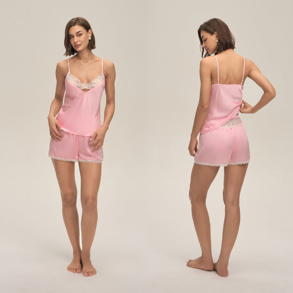 Lace Trim Satin Camisole and Shorts Set