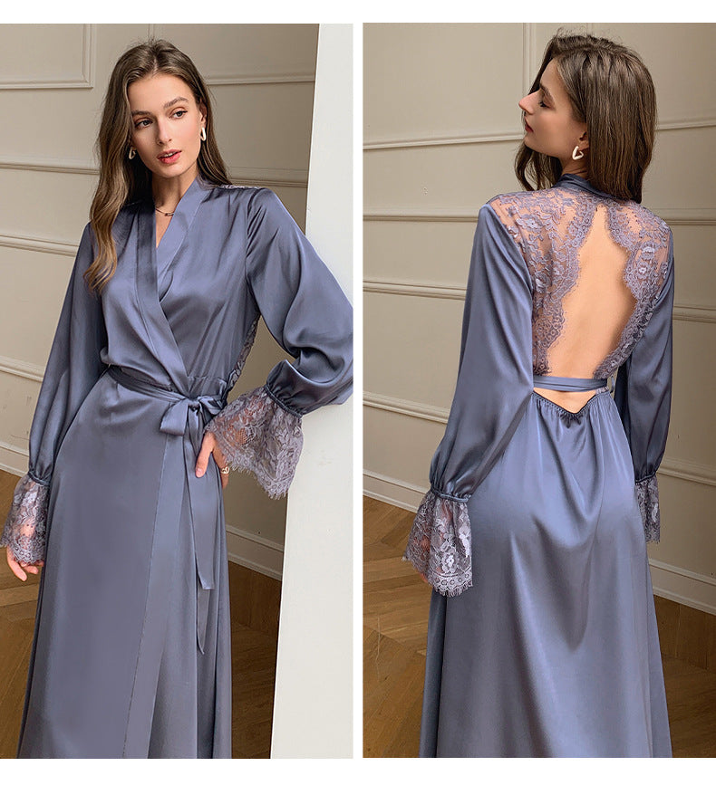Long Satin Wrap Robe with Lace Bell Sleeves