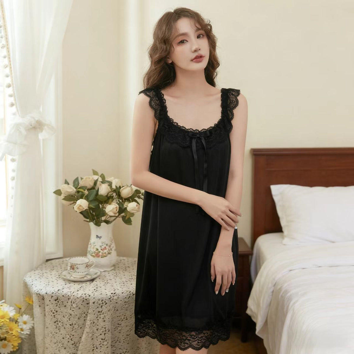 Ruffle Strap Mesh Nightgown with Lace Hem