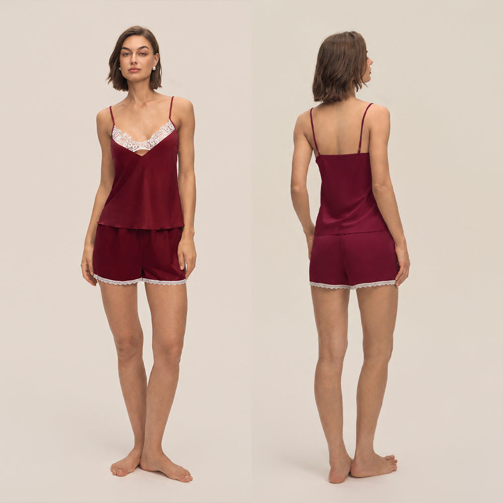 Lace Trim Satin Camisole and Shorts Set