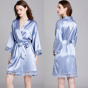 Short Satin Kimono Robe with Lace Trim